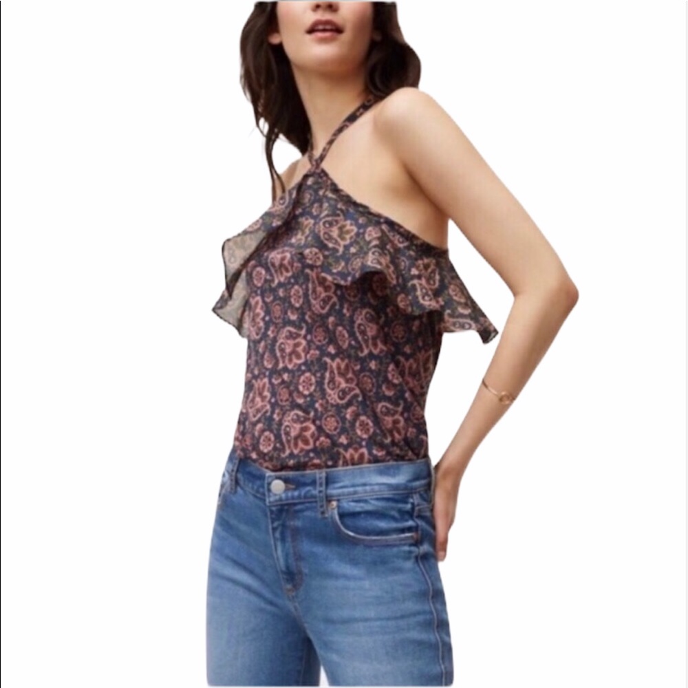 Loft ruffled bodice paisley print halter neck loose fit knit top